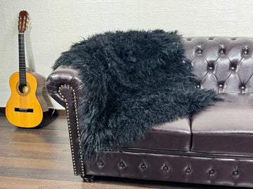 BLACK Fluffy Real SHEEPSKIN Mongolian Fur Throw Blanket • Large Area Rug  • Ethically and Organically Wool Rug